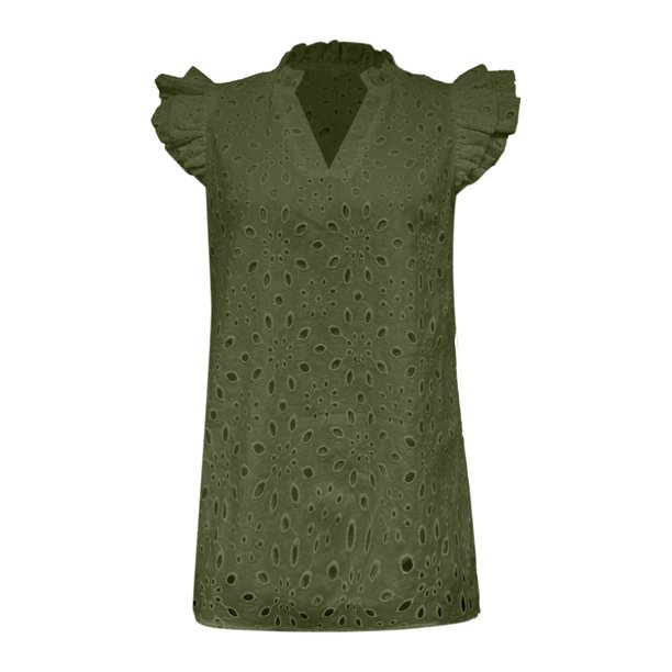 Chaleco de verano con cuello en V y aberturas para mujer: mangas con volantes, sin mangas, informal/vacaciones/fiesta, color liso, fácil cuidado.