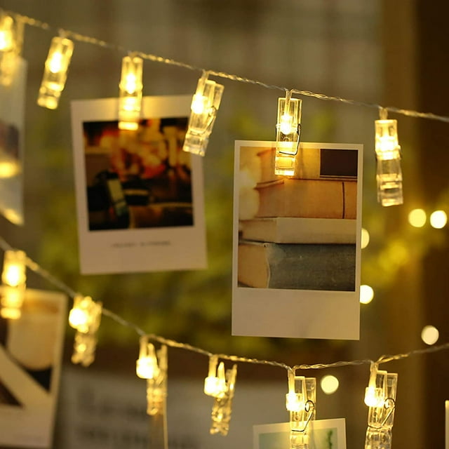 Luces de hadas para fotos, luces de hadas para dormitorio, 3M, 20 luces LED de hadas para fotos, funciona con pilas, para colgar en la pared, con 20 clips para fotos, decoración del hogar para colgar fotos, blanco cálido esquí esquí Gafas de esquí