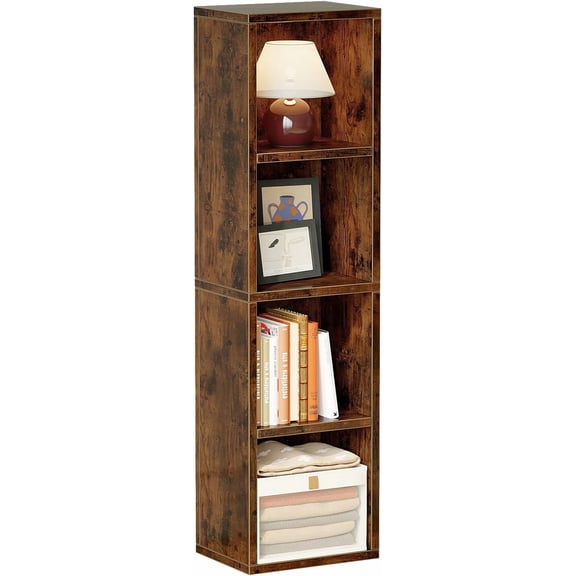 4 Cube Small Bookshelf, Narrow Storage Organizer Shelf, Wooden Corner Bookcase, Modern Thin Cubes Storage Display Shelving for Bedroom, Library, Living Room, Home, Office, Brown
