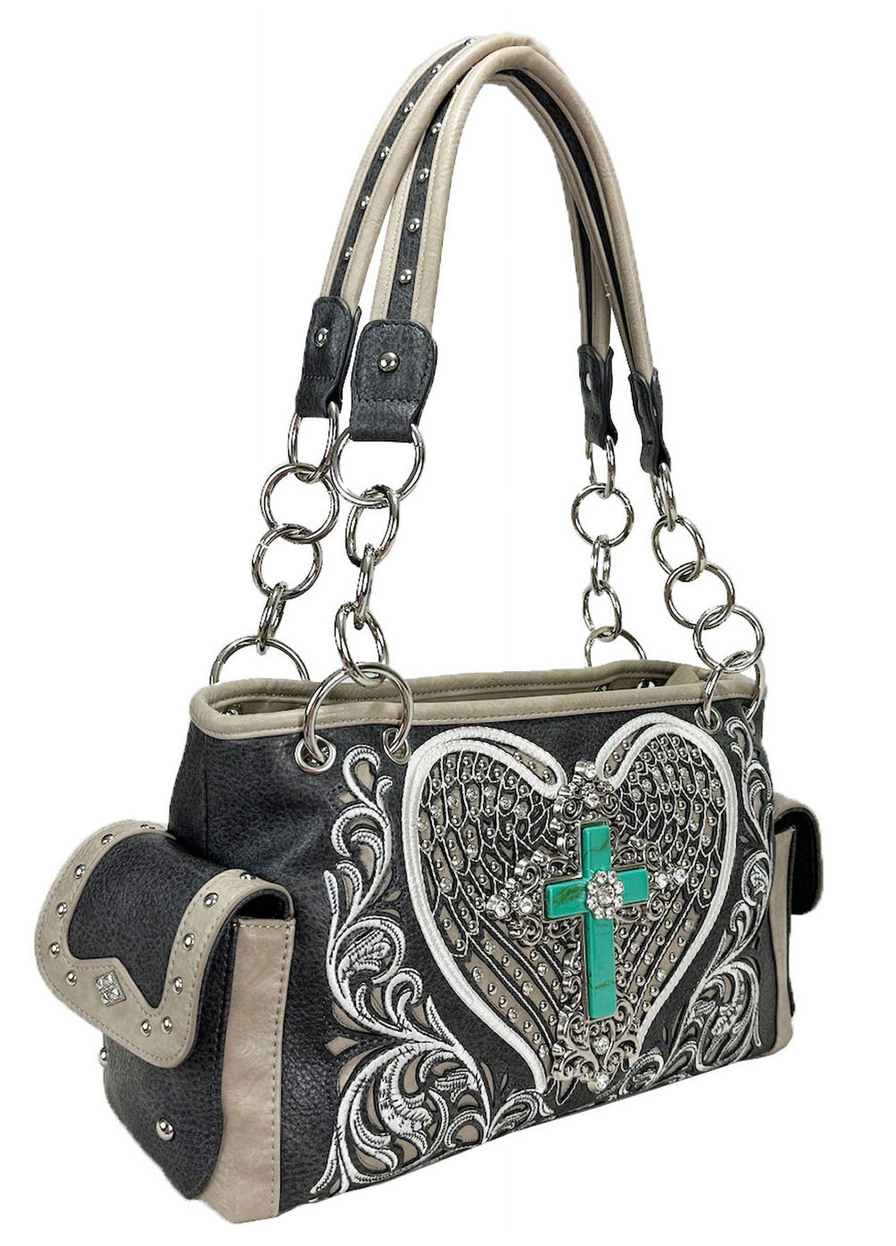 ZZFAB Rhinestone Angel Wing & Cross Western Handbag Grey
