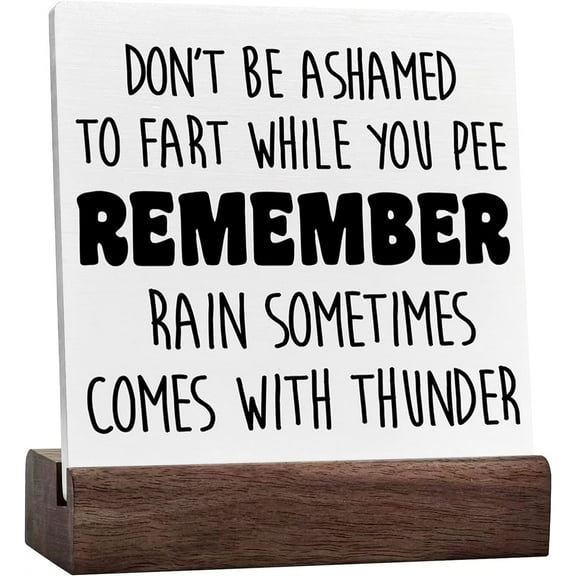 Ceramic Sign 4x4 Inch Farmhouse Bathroom Plaque Sign with Wood Stand Remember Rain Sometimes Comes With Thunder Bathroom Desk Decor Restroom Guest Bathroom Decoration Toilet Washroom Plaque Sign Decor