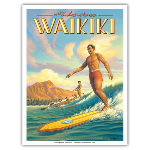 Aloha Waikiki - Surfing - Diamond Head - Oahu - Honolulu Hawaii - Vintage Hawaiian Travel Poster by Kerne Erickson - Master Art Print (Unframed) 9in x 12in