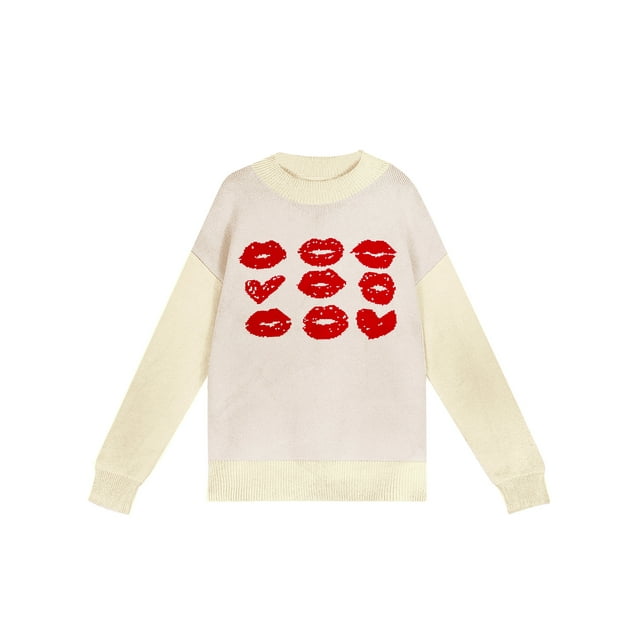 xiaxaixu Pull Femme Mode Saint-Valentin Lèvres Coeur Imprimé Col Rond Manches Longues Tricotés Tops Automne Hiver Pulls Décontractés