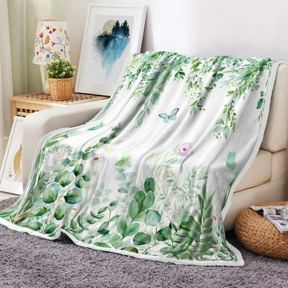 Sage Green Throw Blanket, Rustic Eucalyptus Leaves Floral Fleece Blanket, Travel Throw Blanket for Women, Lightweight and Warm Blanket for Bedroom