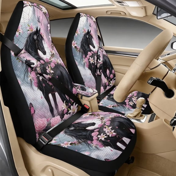 Xixirimido Car Seat Covers for Front Seats 5Pcs Car Accessories with Seat Belt Covers & Center Console Cover Universal Fit for SUVs,Vans,Trucks,Sedans, Horse Butterfly Pink Roses