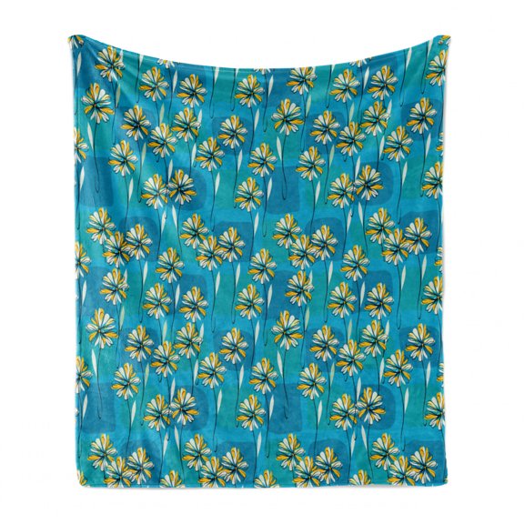Floral Soft Flannel Fleece Blanket, Modern Design Sketchy Garden Daisy Like Flowers Leaves with Abstract Art, Cozy Plush for Indoor and Outdoor Use, 60" x 80", Blue Yellow and White, by Ambesonne