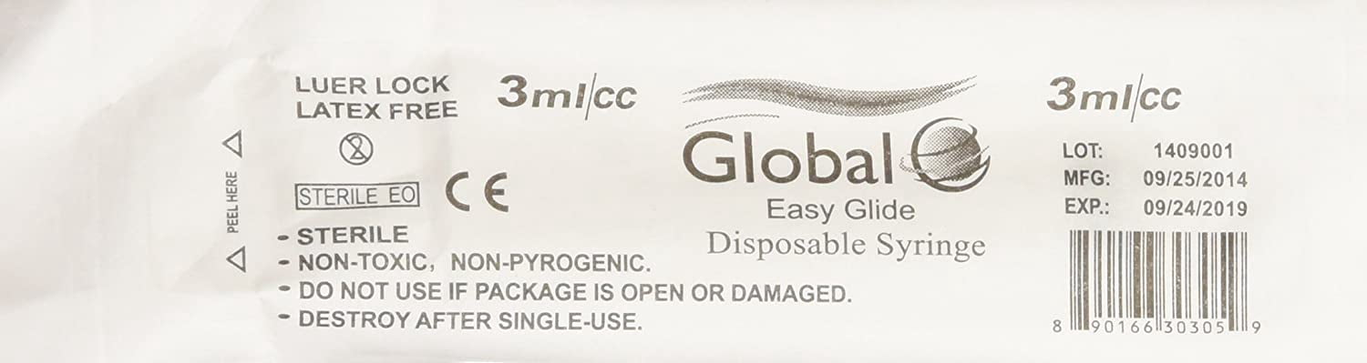 Global Medical Products - 3ml/cc luer lock syringe - 100 syringes - STERILE