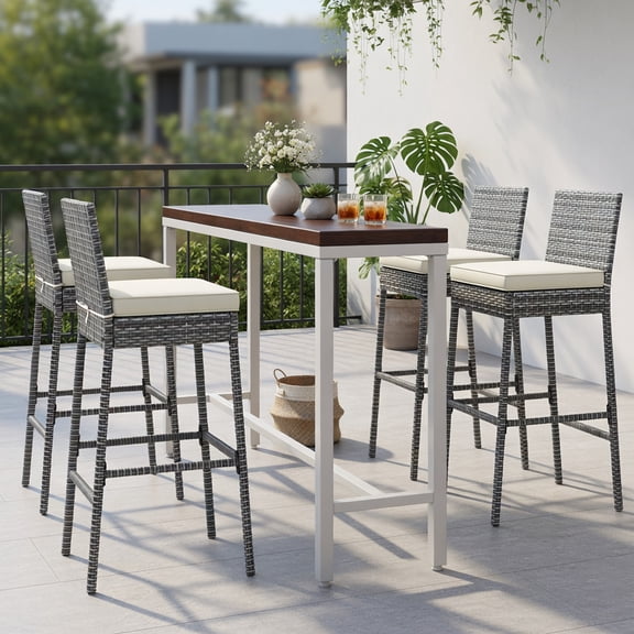 Resenkos Set of 4 Wicker Bar Stools with Off-White Cushions, 30-inch Seat Height, PE Rattan & Metal Frame, Indoor/Outdoor Patio Bar Chairs for Backyard, Balcony, Poolside