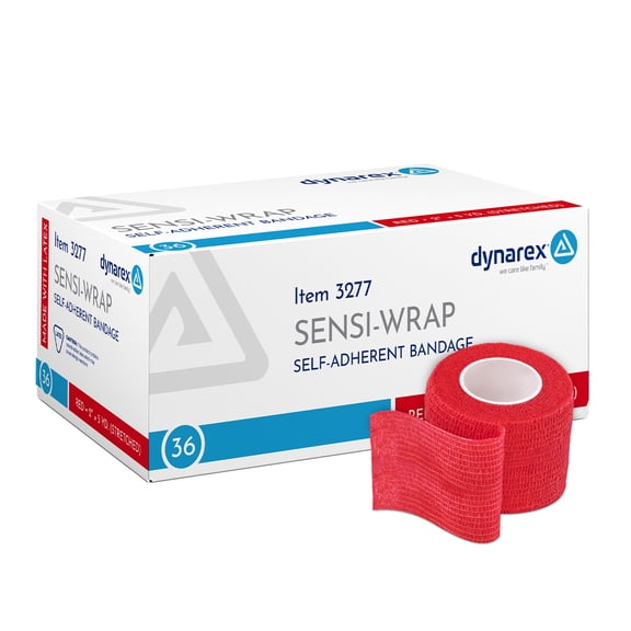 Dynarex Sensi-Wrap Self-Adhesive Bandages, 36-Pack, 2" x 5 yards, Red, Latex, Colored Elastic Cohesive Athletic Tape, Tattoo Grip & Vet Wrap