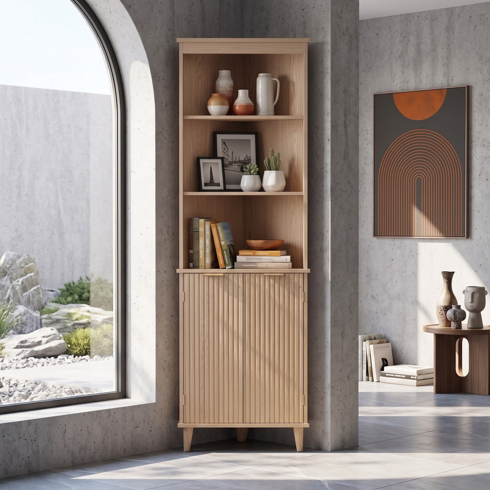 Fenbeli 68 Inch Tall Corner Cabinet with Fluted Doors, Freestanding Bathroom Floor Storage Cabinet with 3 Open Shelves and Enclosed Compartment, Anti-Tip Kit and, Oak
