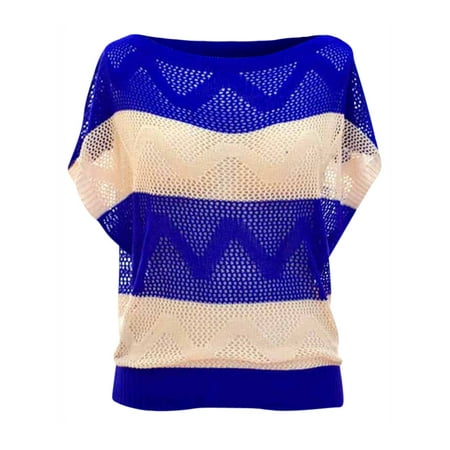 - Stripe Open Knit Short Sleeve Pullover Sweater Top