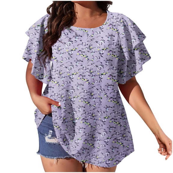 Zpanxa Plus Size Floral Top Womens Short Sleeve Raglan Sleeve Tee Breathable Double Layer Crewneck Casual Loose Fit Everyday Versatile T-Shirt