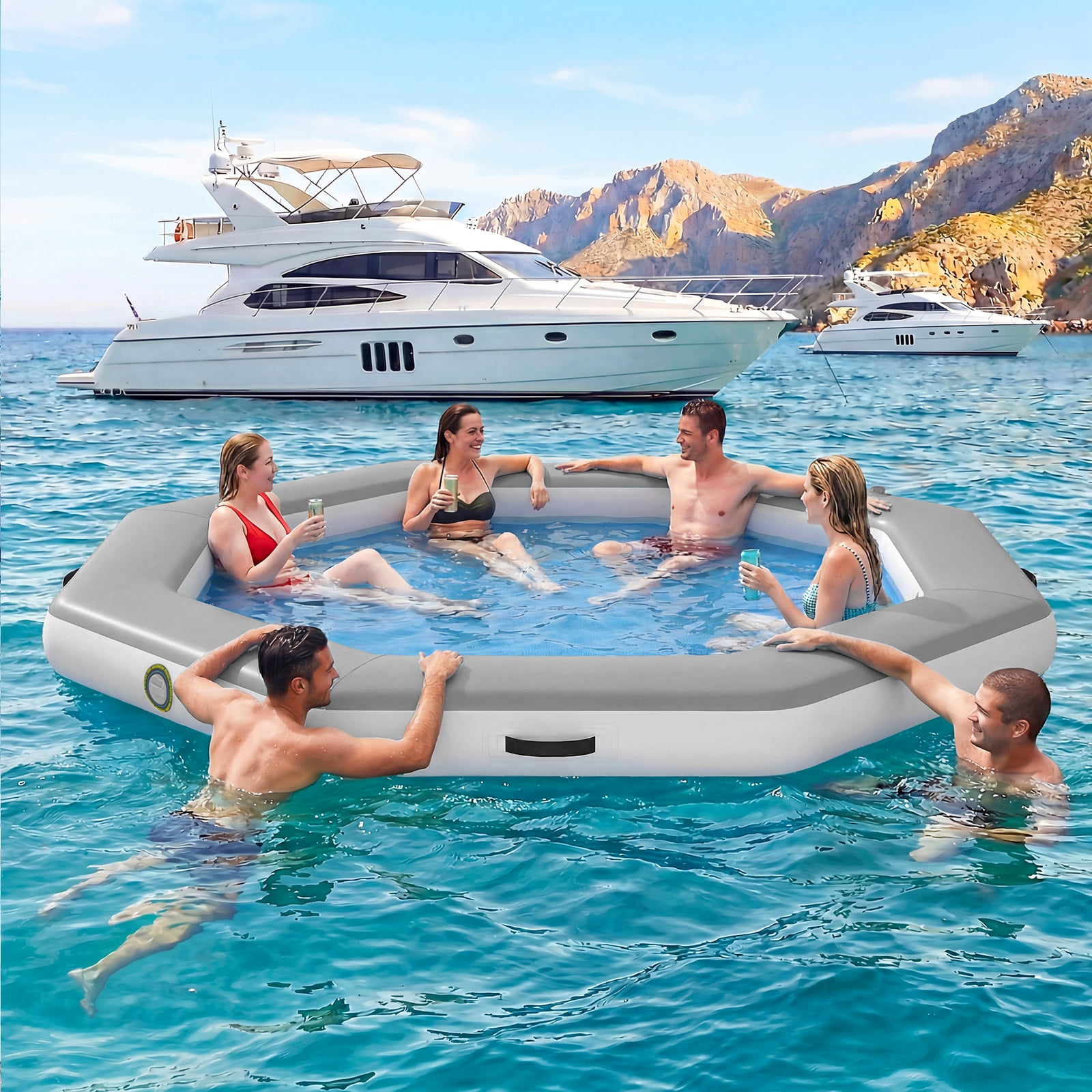 Danrelax 8FT Octagon Inflatable Floating Dock with Woven Fabric Deck, Large Floating Island for Lake Pool Ocean, Heavy Duty Sunchill Float Ring with Quick Inflate Pump, Supports 2 to 8 Adults, Grey