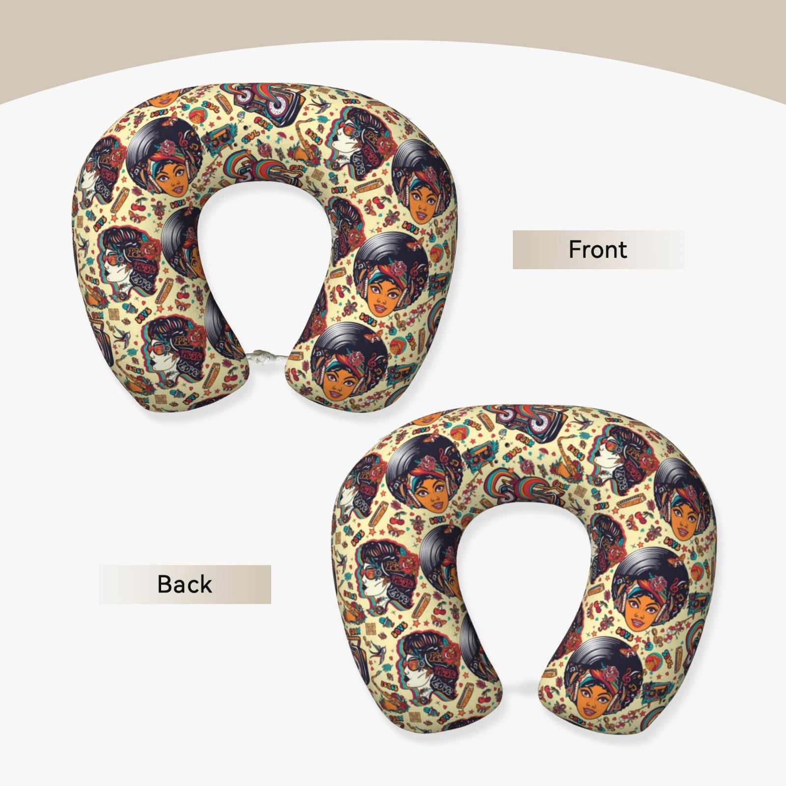 Xecao Fashion Hippie Girl Print Memory Foam Cervical Neck Pillow Versatile U-Shaped Pillows for Home,Office,Camping,Travelling,Soft Washable Cover