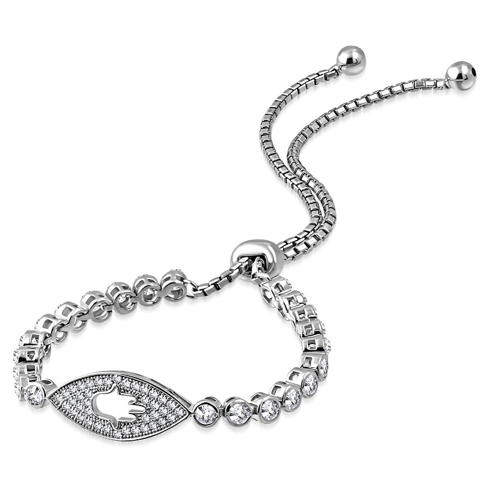 925 Sterling Silver Bezel-Set Hamsa Evil Eye Protection Adjustable Bracelet, 8"