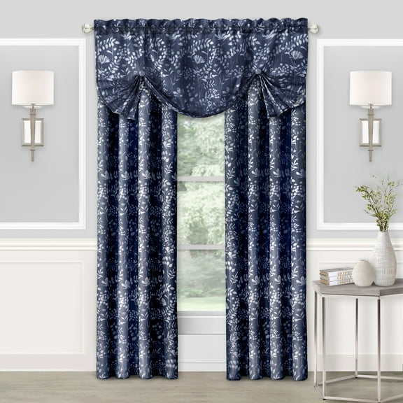 Complete 3 Pc. Shabby Pastel Floral Rod Pocket Window Curtains & Valance Set - Navy, 63 in. Long