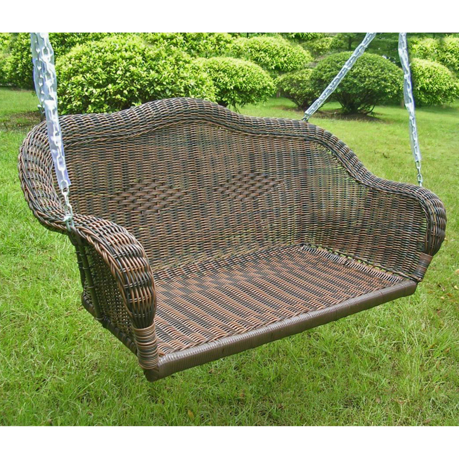 Jeco Honey Resin Wicker Hanging Porch Swing with Cushion in Brown 