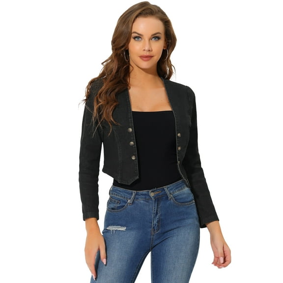 DARING DIVA Women's Denim Cropped Jacket Open Front Collarless Bolero Shrug XS Black