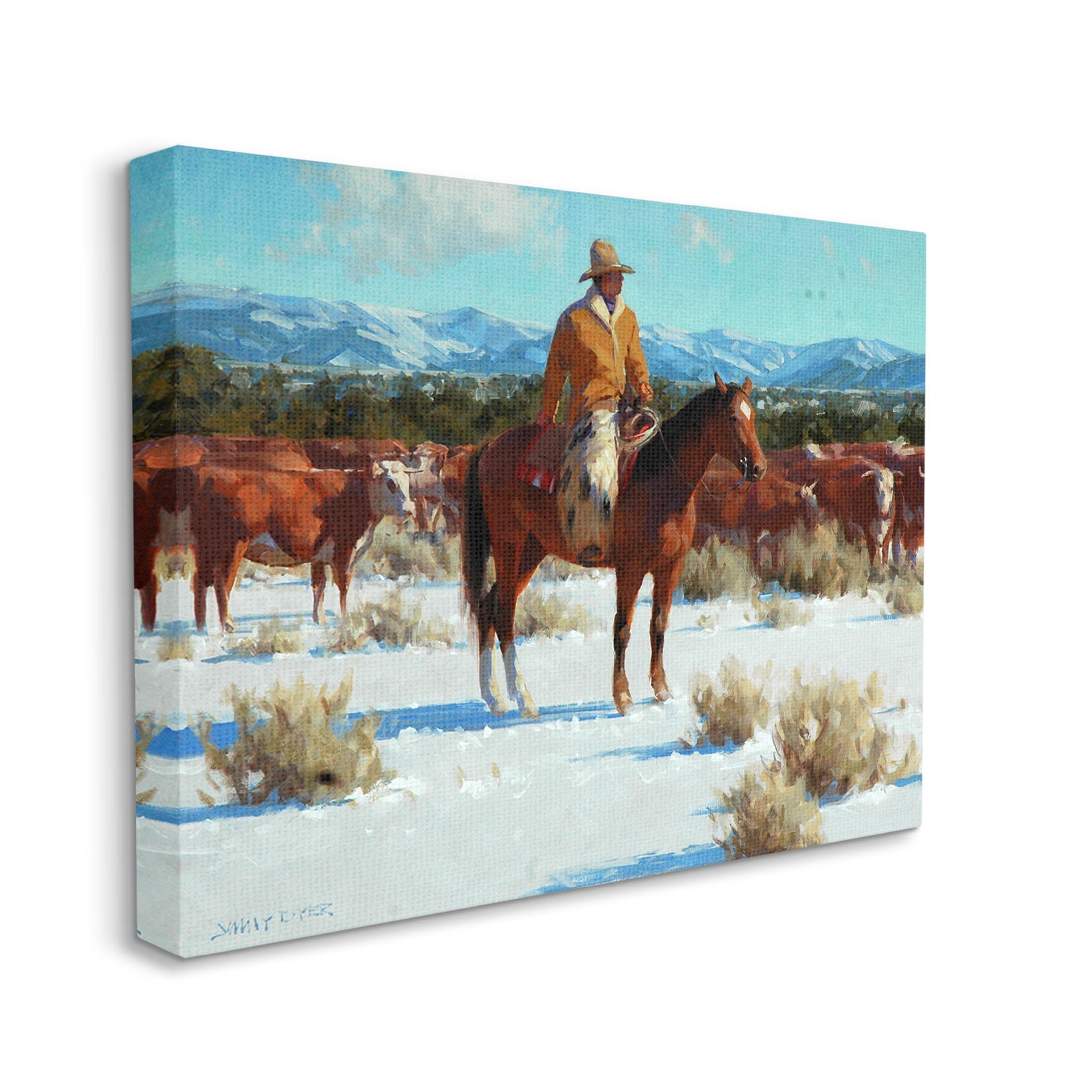 Winter Cowboy Cattle Landscape Animals & Insects Painting Gallery Wrapped Canvas Print Wall Art