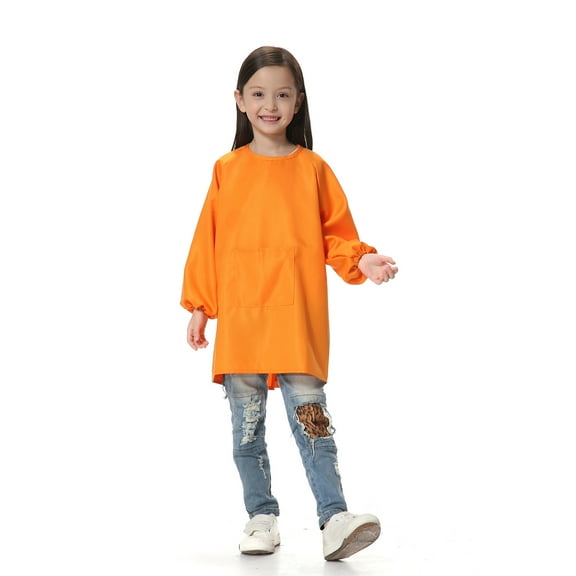 Toptie Cotton Kids Smock Apron for Hair Grooming Painting Cooking with Front Pocket & Long Sleeve, for Age 1-9 years-Orange-S