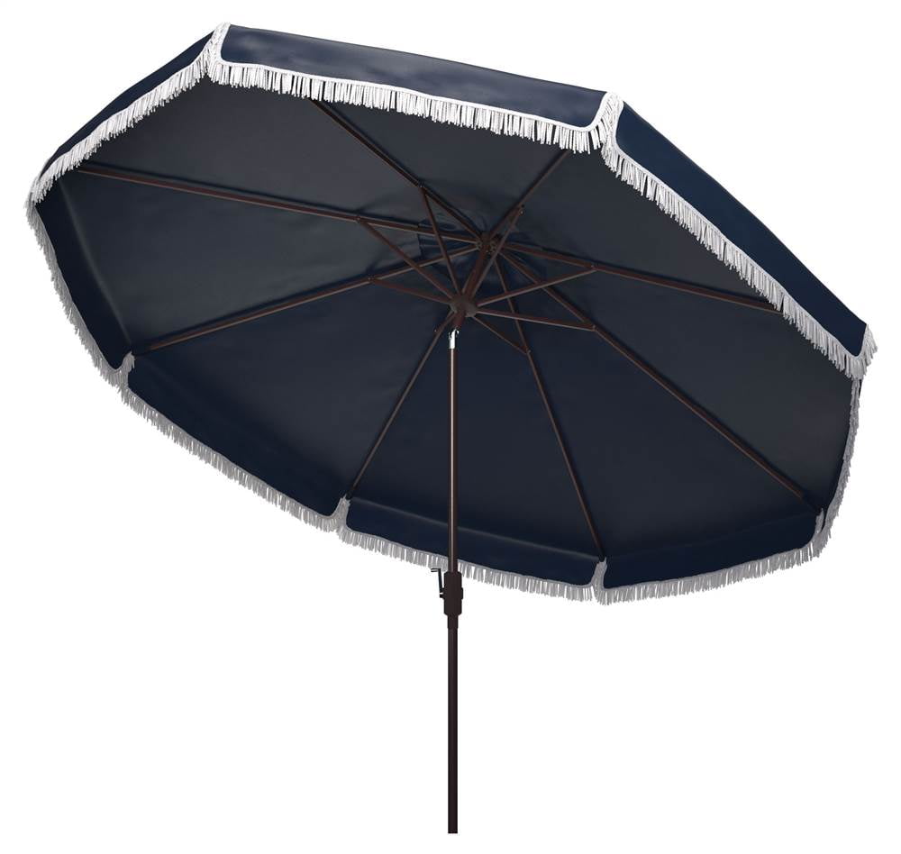 Safavieh Milan Fringe 11' Market Crank Round Umbrella, Navy/White