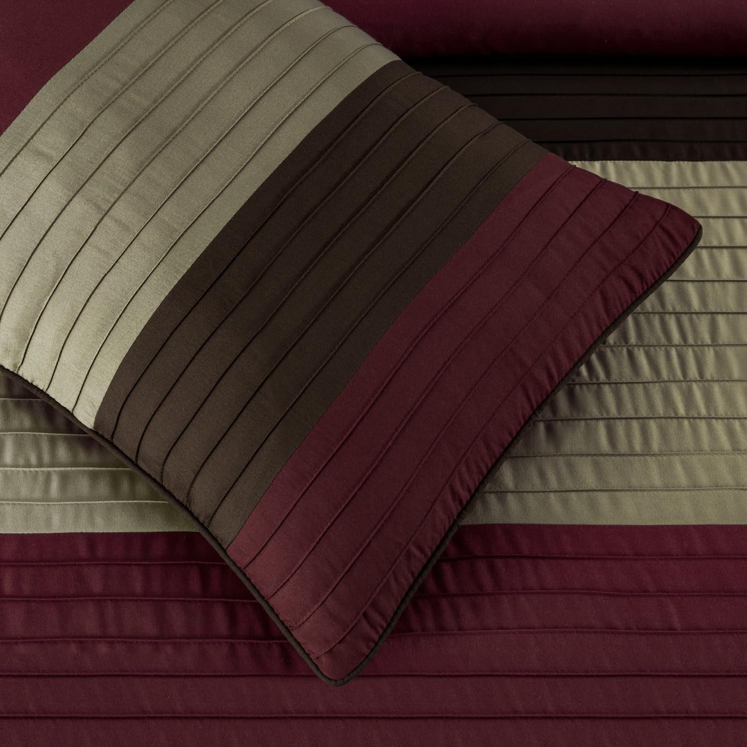 Chezmoi Collection Briar 7-Piece King Bed in a Bag Comforter Set with Sheets - Lightweight Comforter Burgundy Coffee Brown Luxury Pleated Stripe Bedding Set for All Season