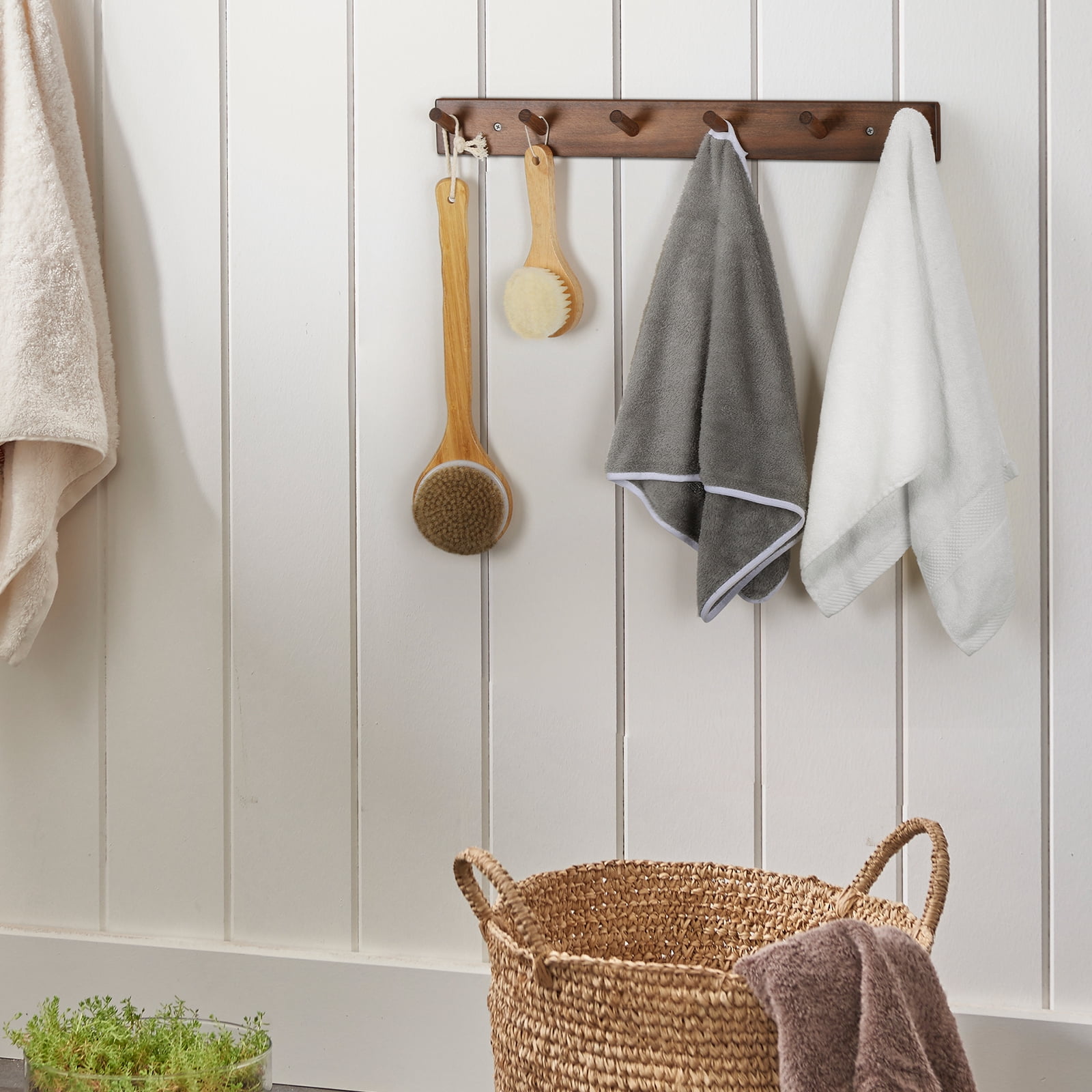 Wall Mounted Wood Coat and Hat Rack, 6 Hooks, Dark Brown