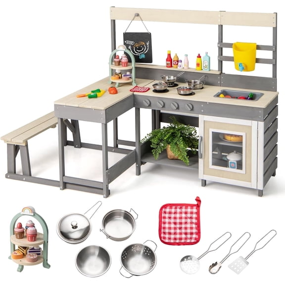 OLAKIDS Mud Kitchen, Outdoor Play Kitchen with Faucet Chalkboard Stoves Removable Sink Cooking Accessories Wooden Kids Kitchen Playset Backyard Garden Toys Gift for Boys Girls Ages 3
