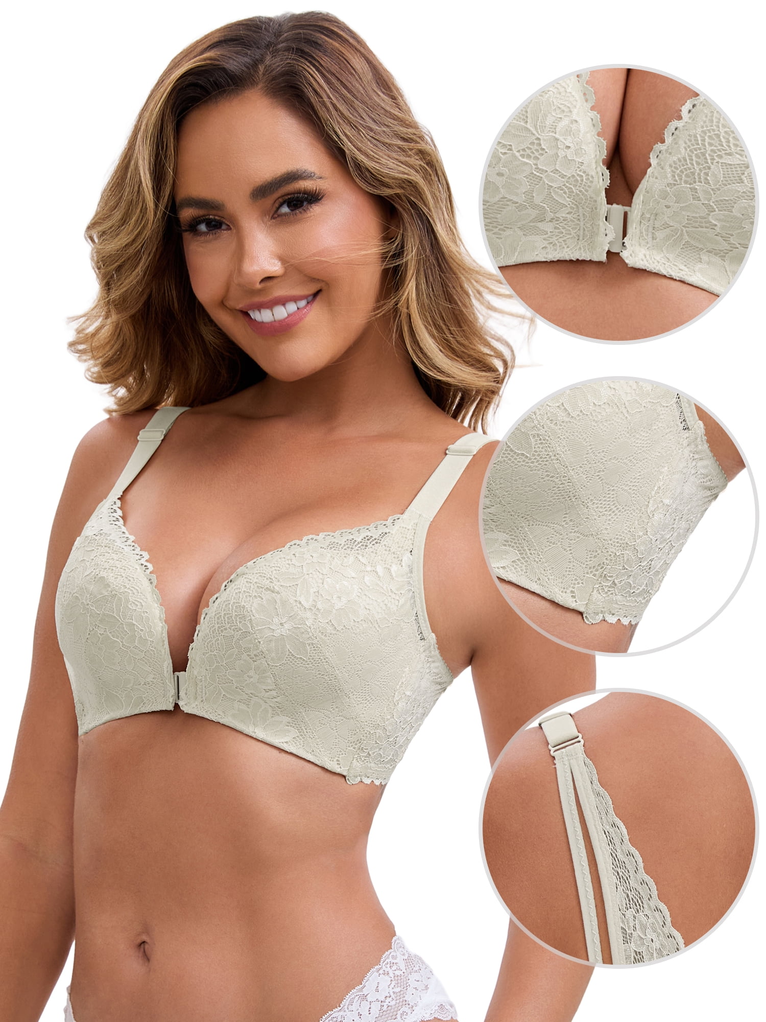 DARING DIVA Lace Front Closure Deep V-Neck Wirefree Bra 38C Gray
