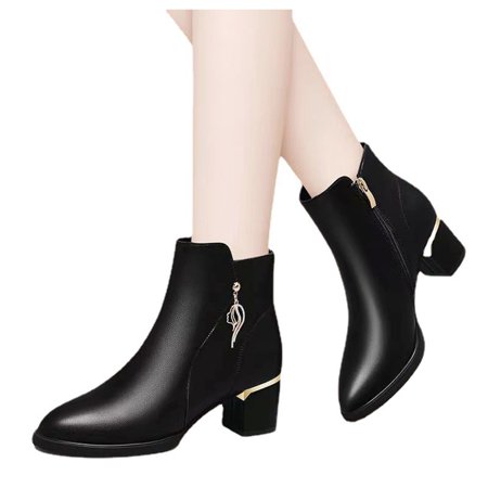 

Tuscom Womens Fashion Solid Boots Zipper Women Round Head Midheel Chunky Heels Boots Shoes Middle Ankle Boots