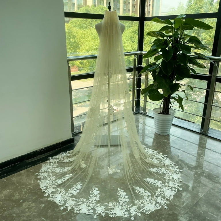 Champagne Pearl Bridal Veil, Two Tier Cathedral Veil with beads
