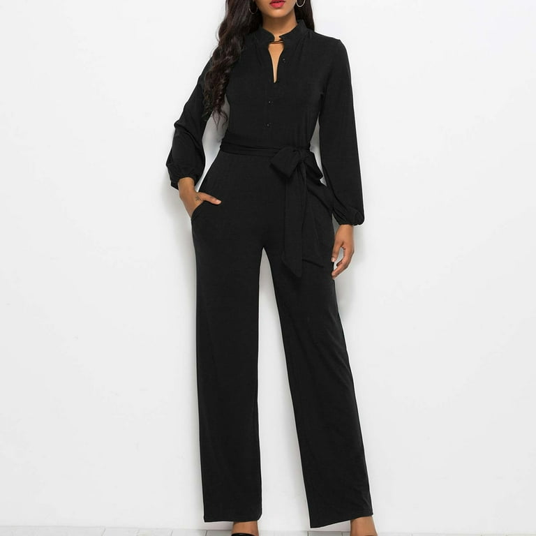 Casual Solid With Belt V Neck Straight Rompers Casual Solid With Belt V Neck Straight Rompers
