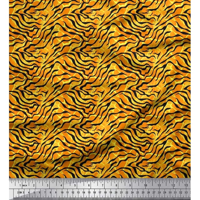 Soimoi Orange Poly Georgette Fabric Tiger & Giraffe Animal Skin Print Sewing Fabric BTY 52 Inch Wide