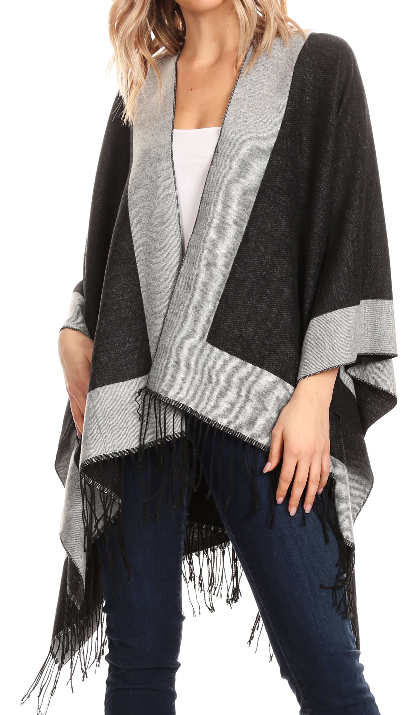 Sakkas Avi Women's Reversible Open Front Poncho Cardigan Ruana Cape