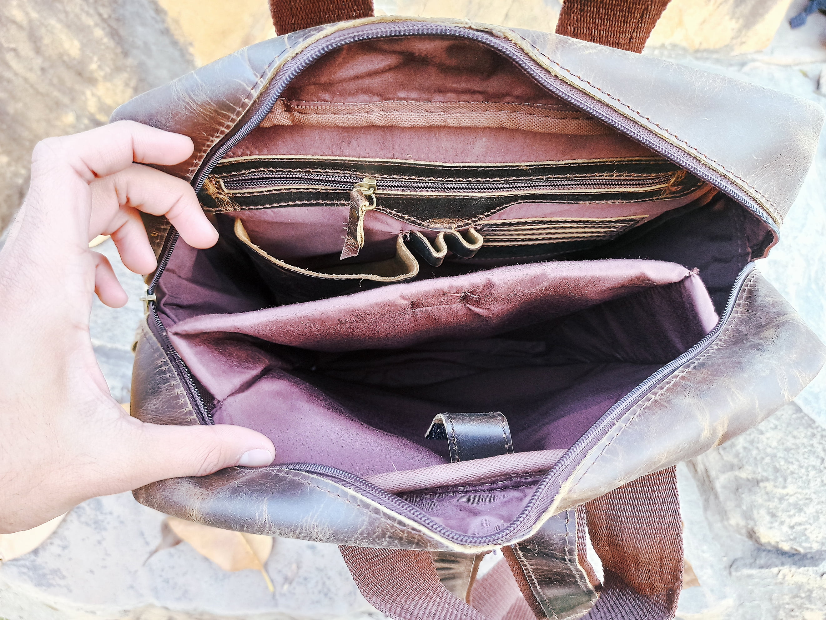 Leather Backpack Multi Pockets Daypack Travel Laptop Bag for Men Women