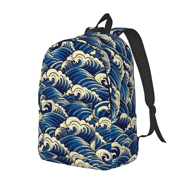 Disketp Japanese Water Wave Mochila de Lona Estampada, Mochila Escolar de Viaje Ligera para Estudiantes y Portátil-Medium