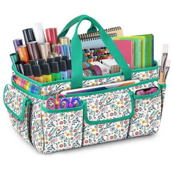 FINPAC Large Craft Storage Tote Bag with Multiple Pockets, Scrapbooking Carrying Case Storage Caddy with Handle for Sewing, Art, Desktop, Baby Care Supplies, Spring Bloom