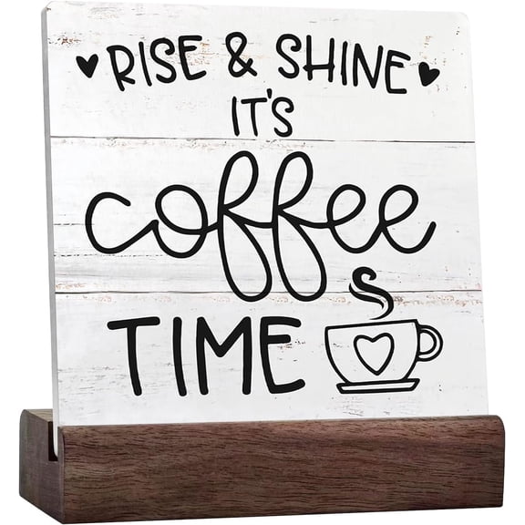 Rise And Shine It's Coffee Time Desk Decor Funny Coffee Sign Decorations For Home Office Wall Tabletop Desk Decor Coffee Lover Gift Ceramic Table Plaque With Wooden Stand