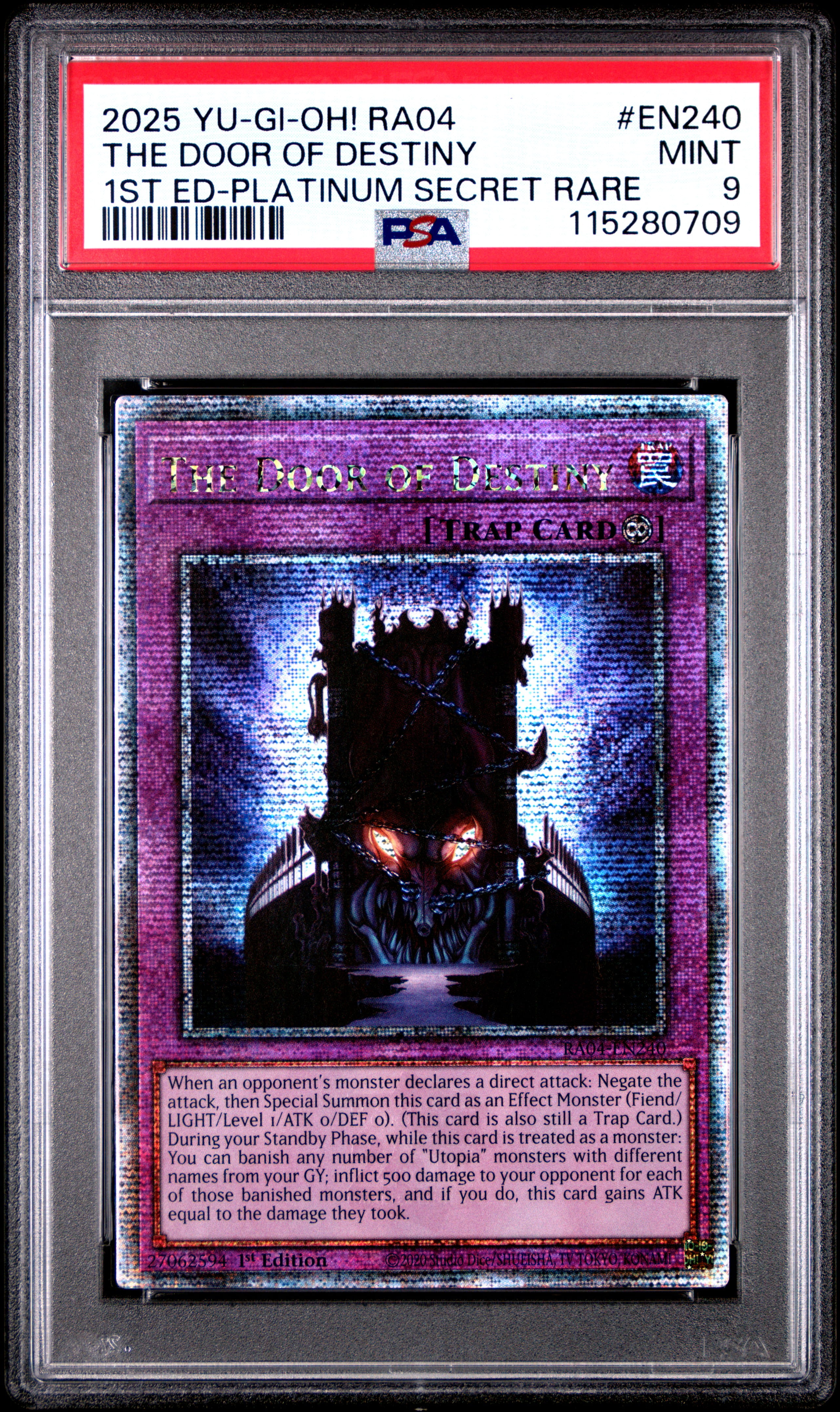 Yu Gi Oh! TCG, PSA Graded 9 MINT, The Door Of Destiny 1St Ed Platinum Secret Rare #EN240, Ra04 Quarter Century Stampede, Fully Encapsulated Bundle with Compatible Yu Gi Oh! Hard Sealed Case
