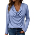 thumbnail image 2 of Endives Women's Long Sleeve Shirt Draped Cowl Neck Tops Flared Collar Ribbed Elengant Solid Color Blouse Dressy Casual Shirts Business Outfits Spring Trendy Light Blue, 2 of 7