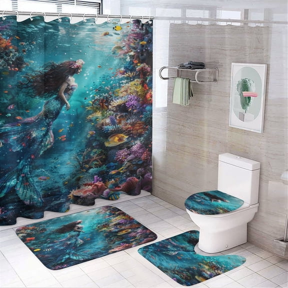 Mermaid Glitter Fish Scale Girls 4 Piece Shower Curtain Sets, Non-Slip Rugs, Toilet Lid Cover And Bath Mat, for Bathroom Decor Set, 72" X 72"