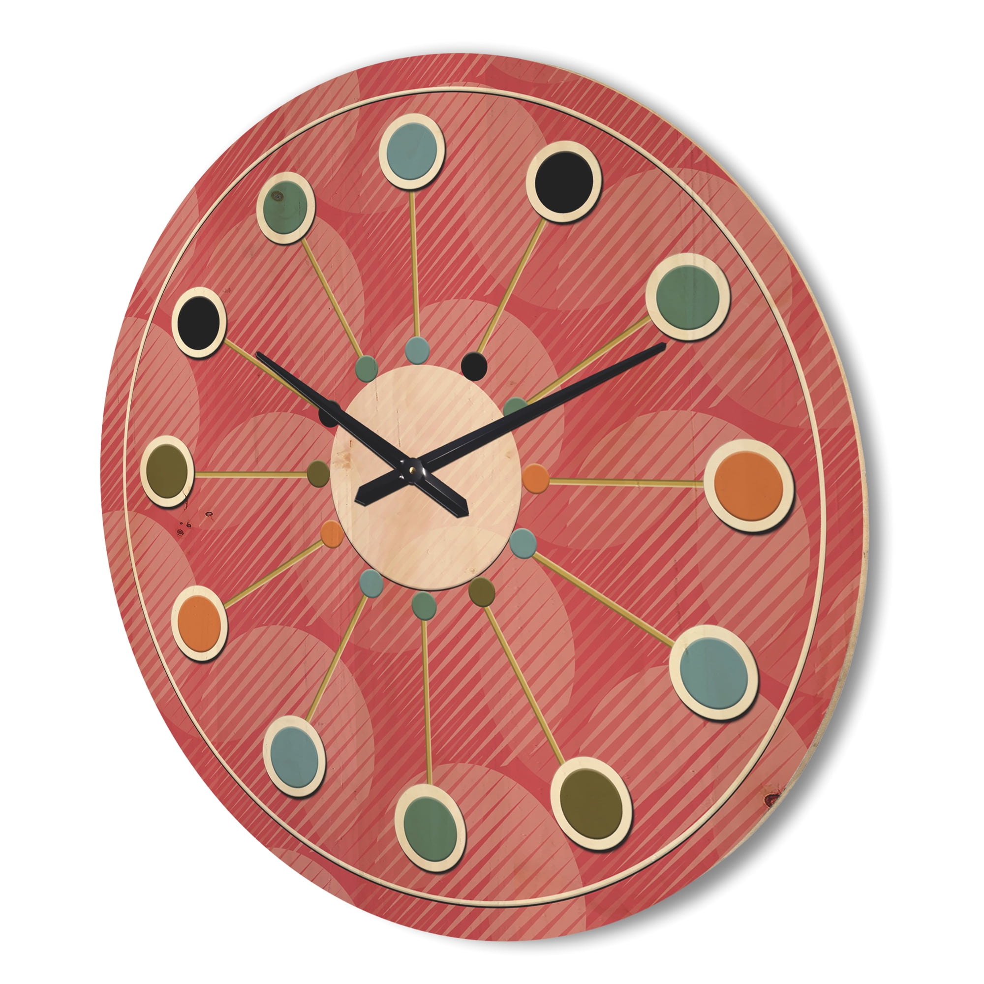 Designart 'Red Round Geometrical ' Mid-Century Modern Wood Wall Clock