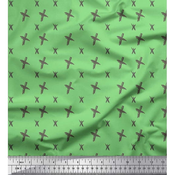 Soimoi Green Cotton Voile Fabric Cross Sign Brush Stroke Fabric Prints By Yard 42 Inch Wide
