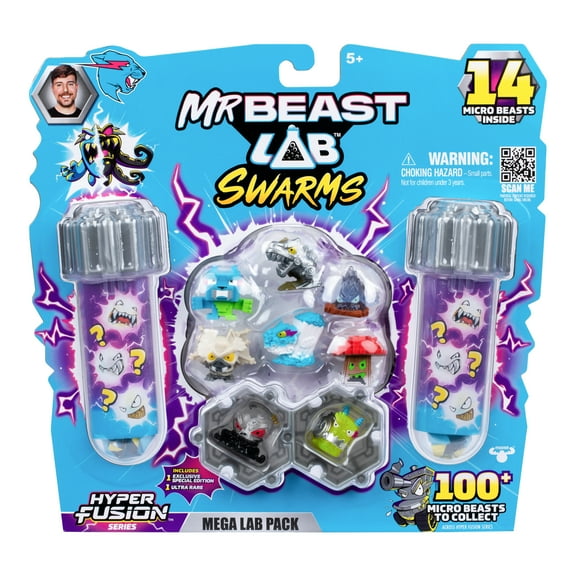 MrBeast Lab Swarms Hyper Fusion Series, Mega Lab Pack Includes 14 Micro Beasts, 14 Collectible Stickers & 4 Fusion Caps, Ages 5 