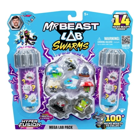 MrBeast Lab Swarms Hyper Fusion Series, Mega Lab Pack Includes 14 Micro Beasts, 14 Collectible Stickers & 4 Fusion Caps, Ages 5+