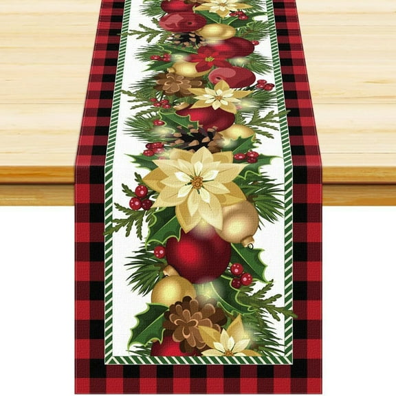 Christmas Table Runner - Xmas Balls Flowers Red Buffalo Plaid Check Winter Holiday Decorative Farmhouse Table Decorations For Kitchen Dinning Indoor Outdoor Dinner Party Decor 13x72 Inch