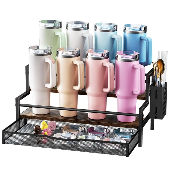 Water Bottle Organizer for 40 oz Tumbler with Handle, 2 Tier Tumbler 8 Cups Storage Holder Compatible with Stanley Owala Cup Accessories, Brown