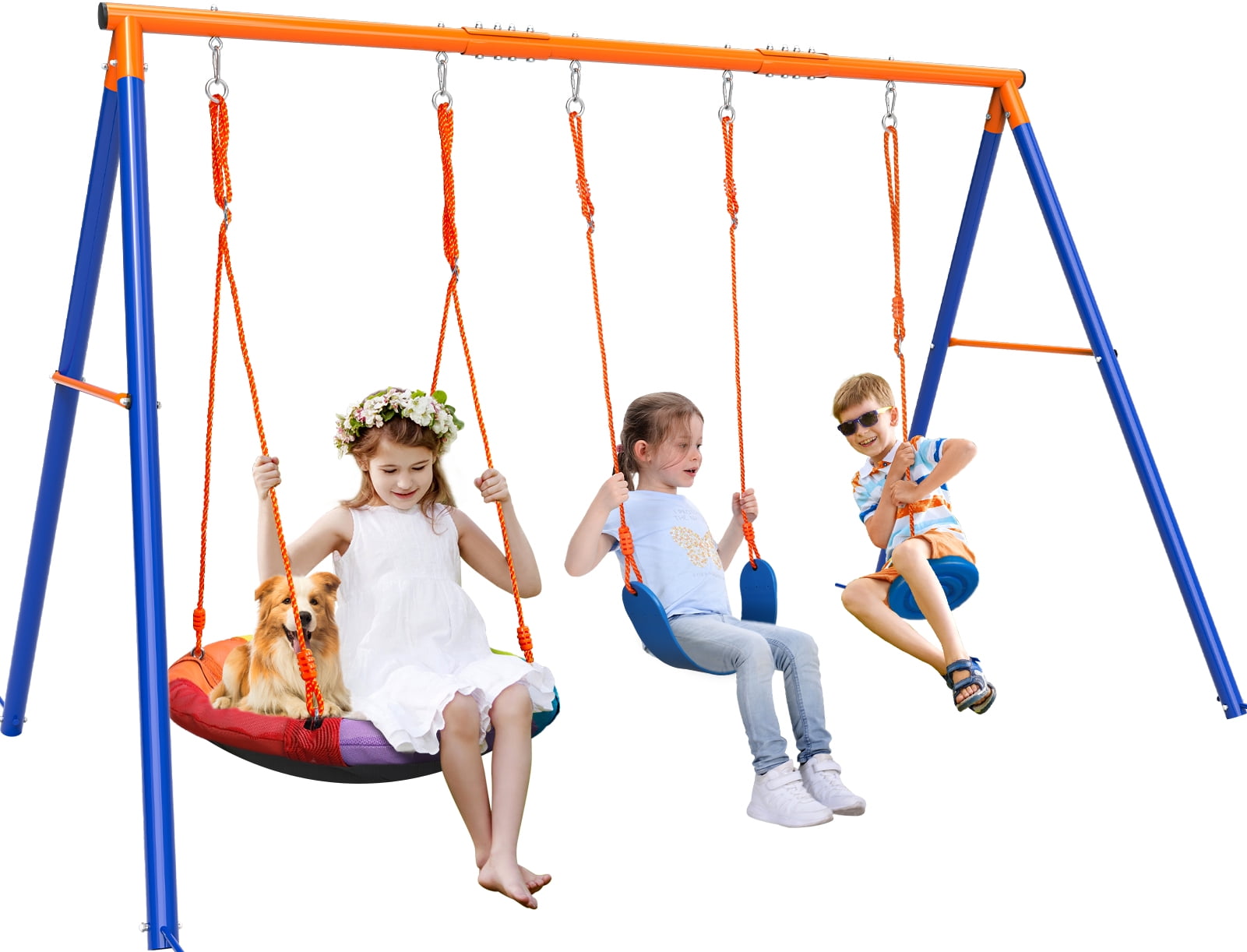 GIKPAL 3-in-1 Swing Set, 550 lbs Swing Set for Outside, Heavy Duty Metal Swing with A-Frame, Waterproof material, Adjustable Ropes Round Swing for Backyard