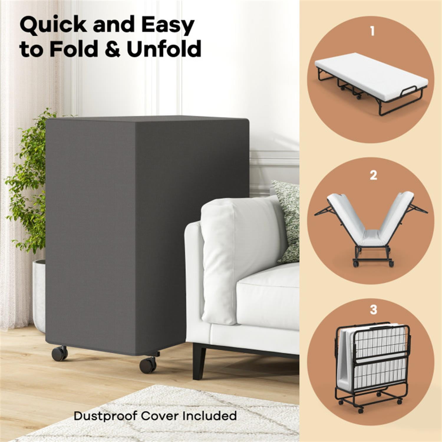 Demi Bonn Cot Size Folding Bed with Memory Foam Mattress and Pillow, Portable Foldable Bed for Living Room, Bedroom and Guest Room, White