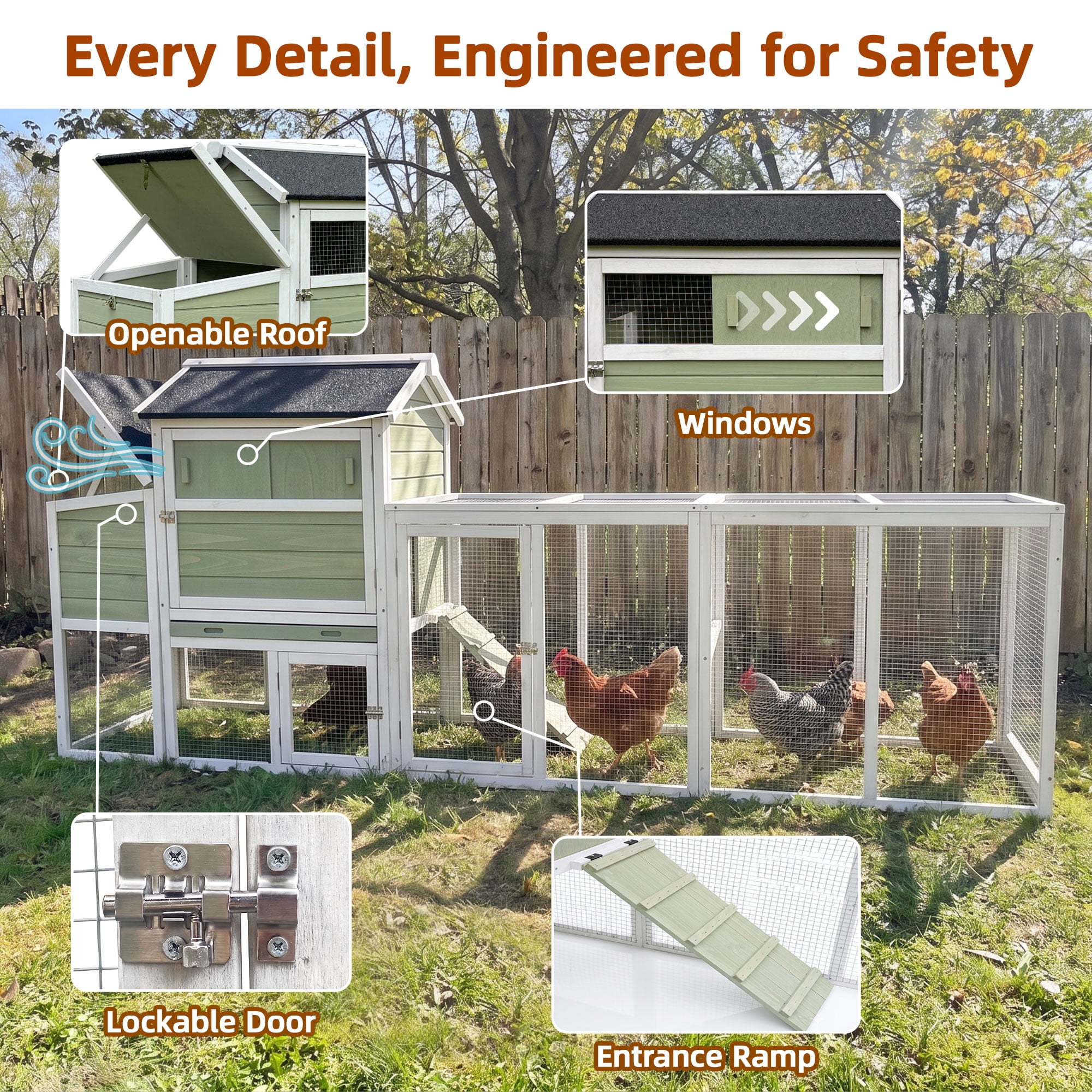 Backyard Chicken Coop with Nesting Box, Weather Resistant Wooden Hen House, Walk-In Run Options, Fits 2-6 Chickens, Green Coop with Run